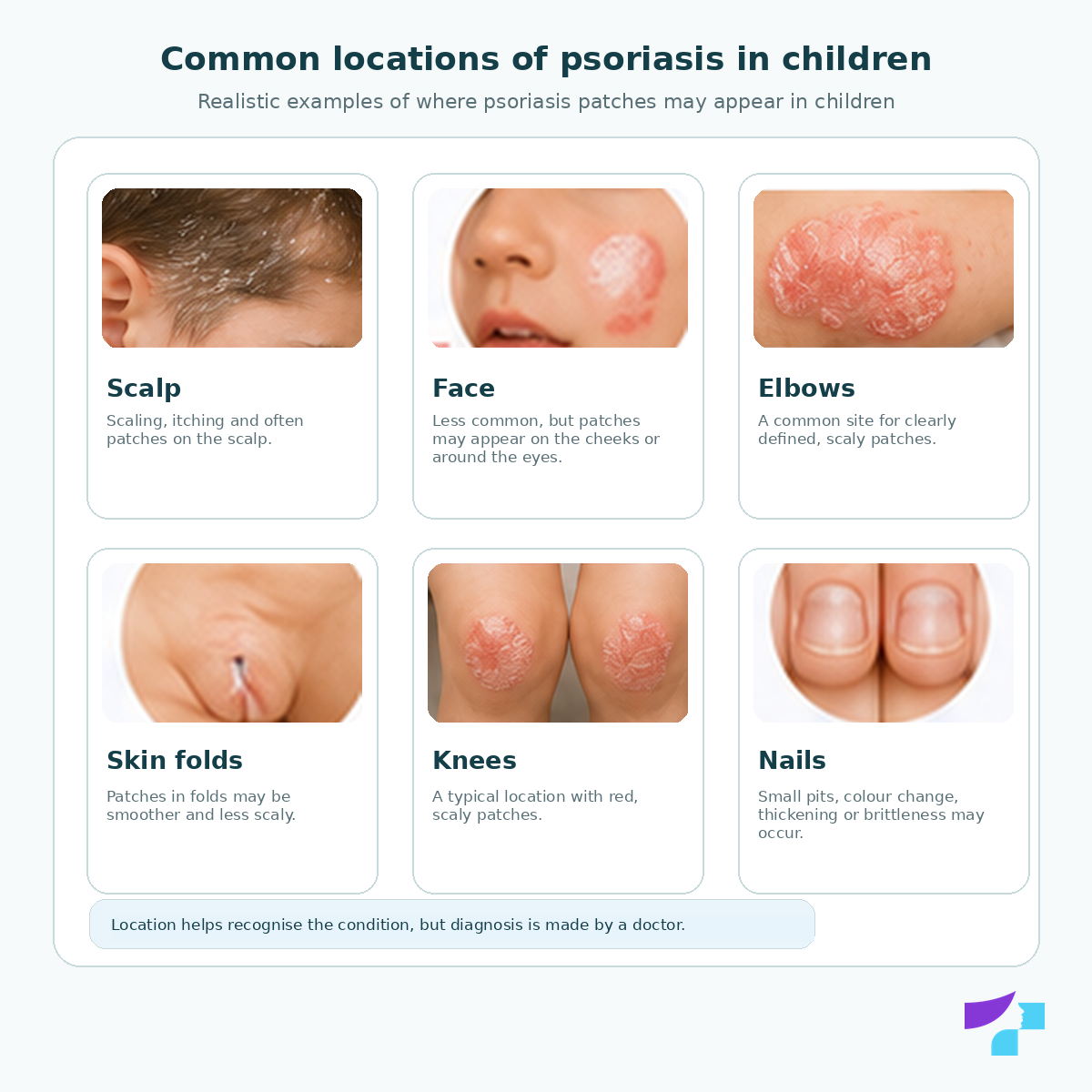 Common locations of psoriasis in children: scalp, face, elbows, skin folds, knees and nails