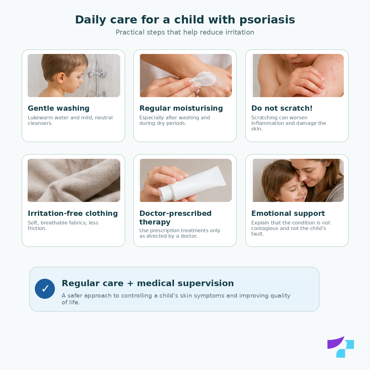 Psoriasis in children in daily life: moisturising, lukewarm water, gentle care, avoiding scratching and emotional support