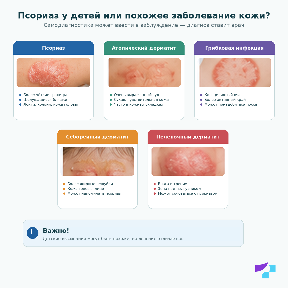 Псориаз у детей или похожее заболевание кожи Псориаз у детей или похожее заболевание кожи: сравнение псориаза, атопического дерматита, грибковой инфекции, себорейного дерматита и пелёночного дерматита