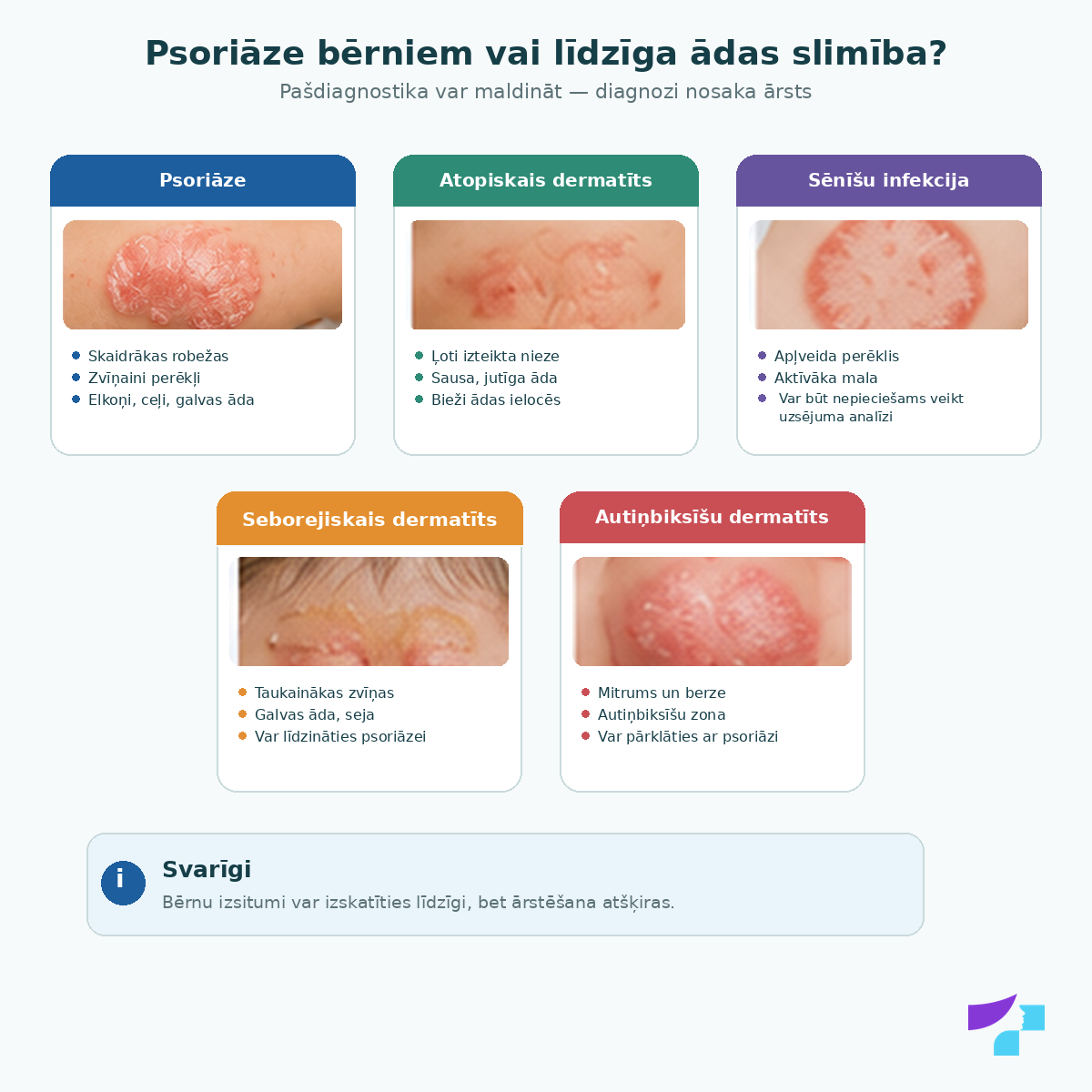 Psoriāze bērniem vai līdzīga ādas slimība: psoriāzes, atopiskā dermatīta, sēnīšu infekcijas, seborejiskā dermatīta un autiņbiksīšu dermatīta salīdzinājums