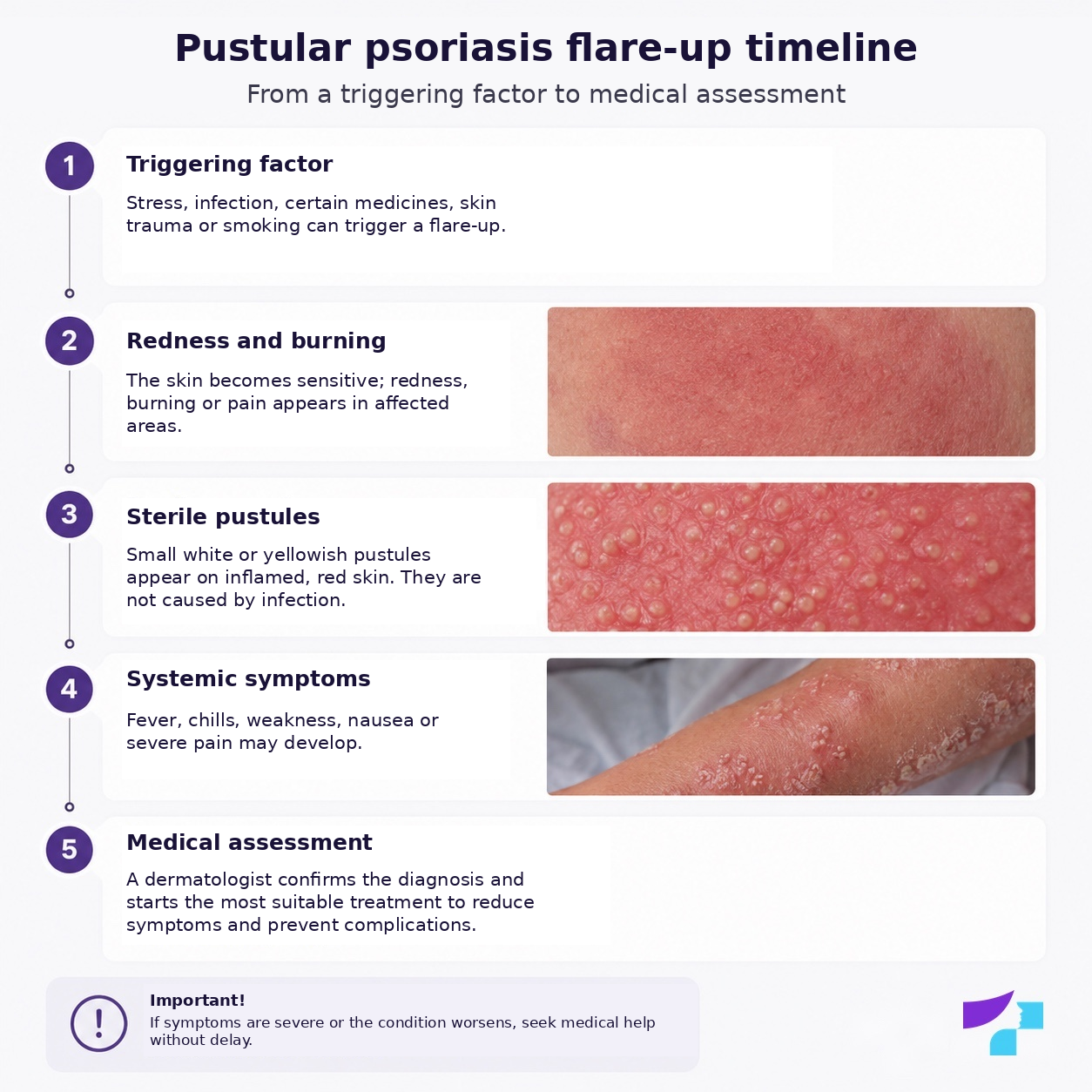 Pustular psoriasis flare-up timeline Pustular psoriasis flare-up timeline: triggering factor, redness, sterile pustules, systemic symptoms and medical assessment