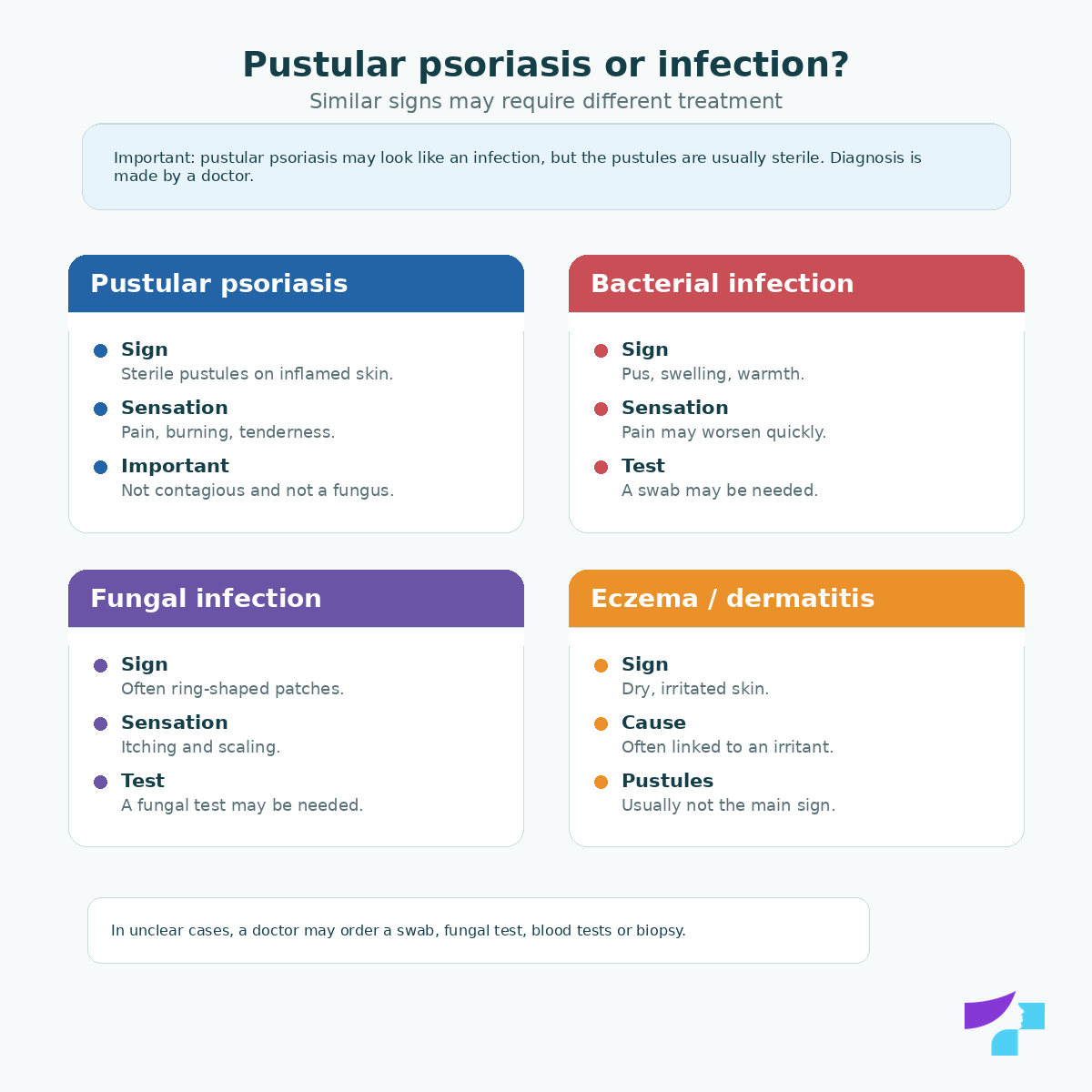 Pustular psoriasis or infection Pustular psoriasis or infection: sterile pustules may visually resemble bacterial infection, fungal infection, dermatitis or a drug reaction