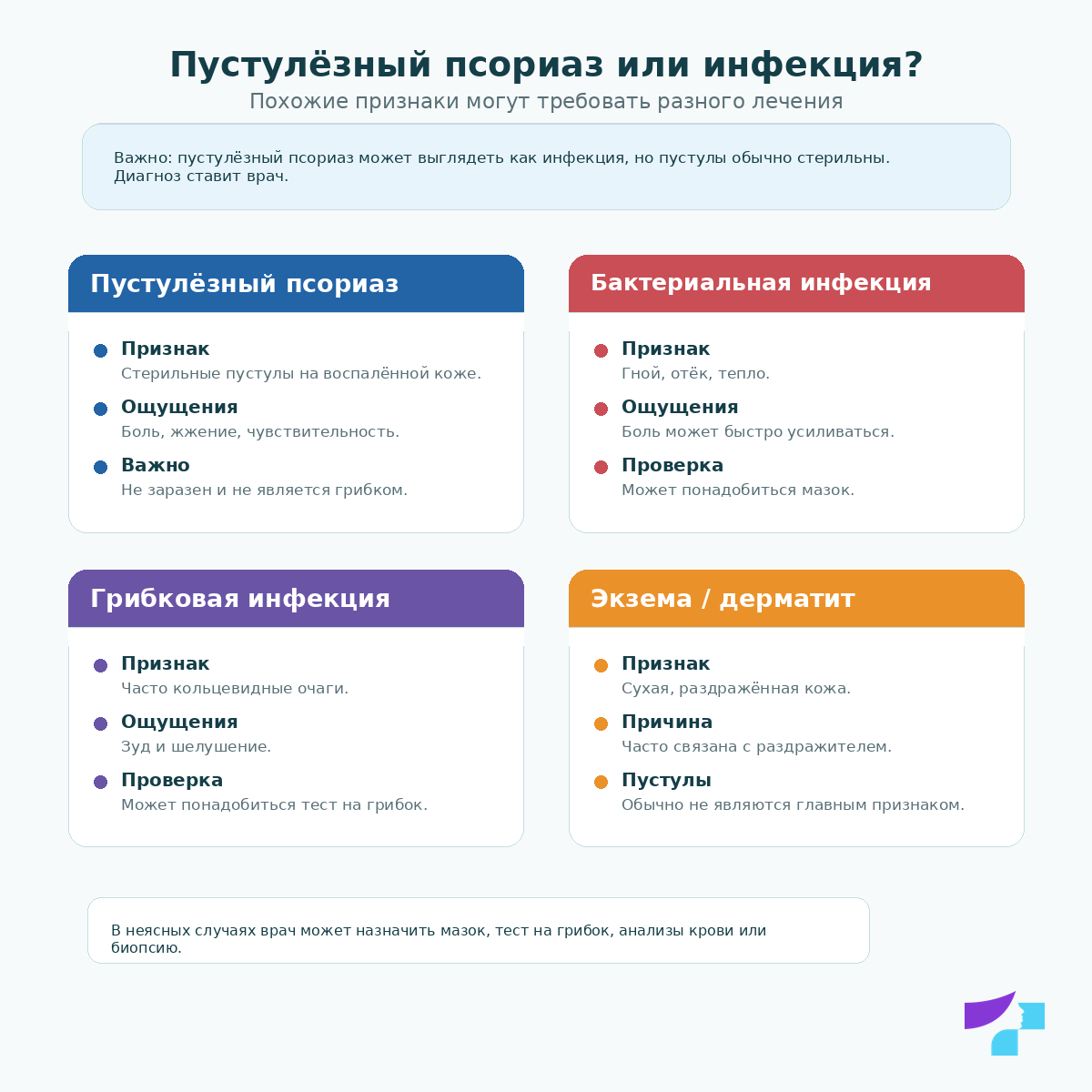 Пустулёзный псориаз или инфекция: стерильные пустулы могут визуально напоминать бактериальную инфекцию, грибок, дерматит или лекарственную реакцию