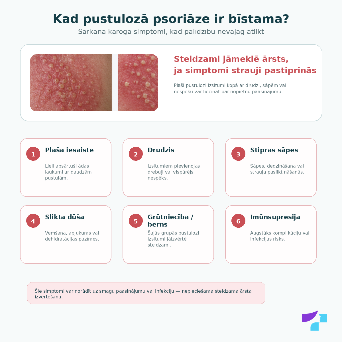 Pustulozā psoriāze un bīstami simptomi: drudzis, drebuļi, nespēks, stipras sāpes, plaša ādas iesaiste un strauja pustulu izplatīšanās