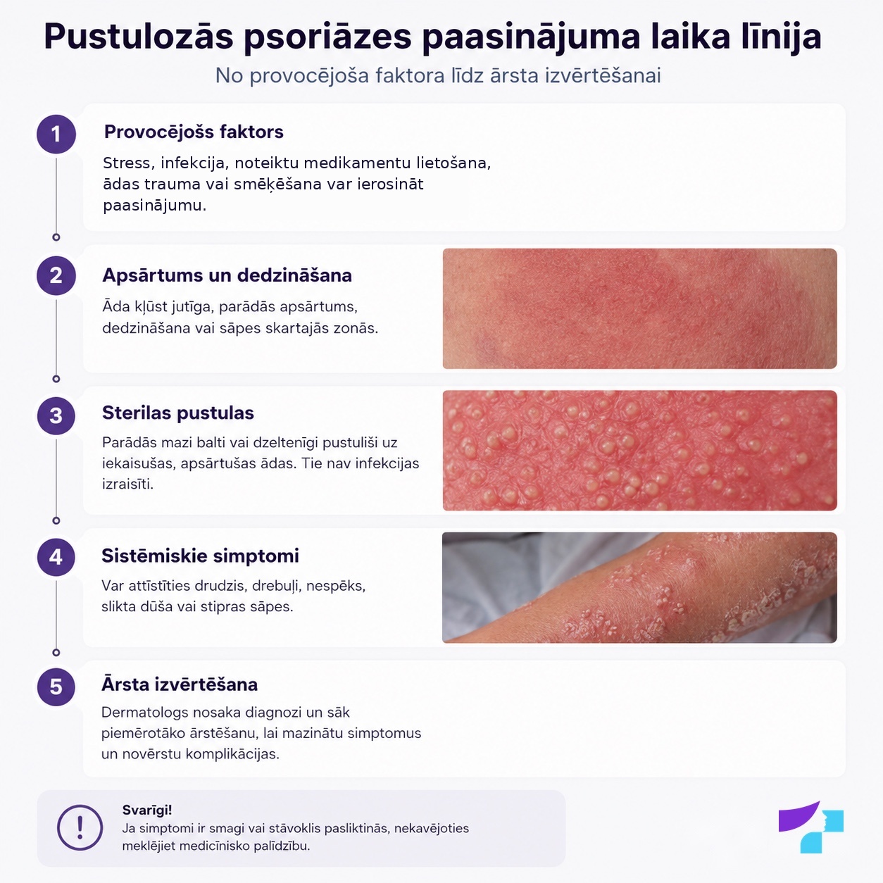Pustulozās psoriāzes paasinājuma laika līnija: provocējošs faktors, apsārtums, sterilas pustulas, sistēmiskie simptomi un ārsta izvērtēšana