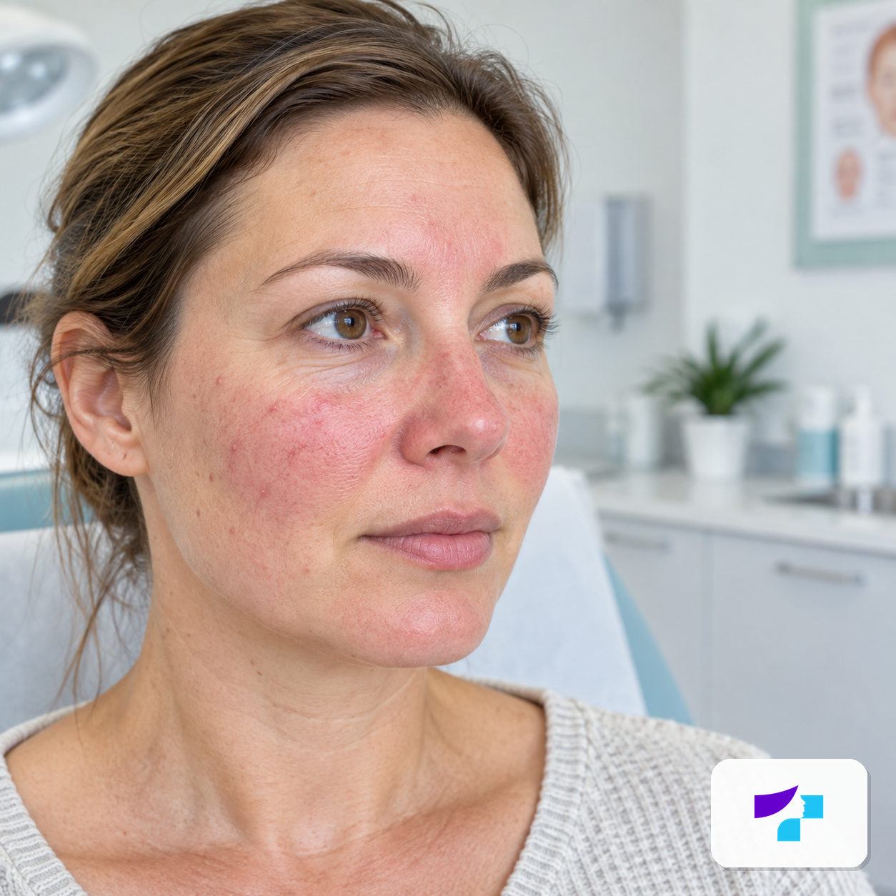 Rosacea symptoms on the face with redness on the cheeks and visible capillaries