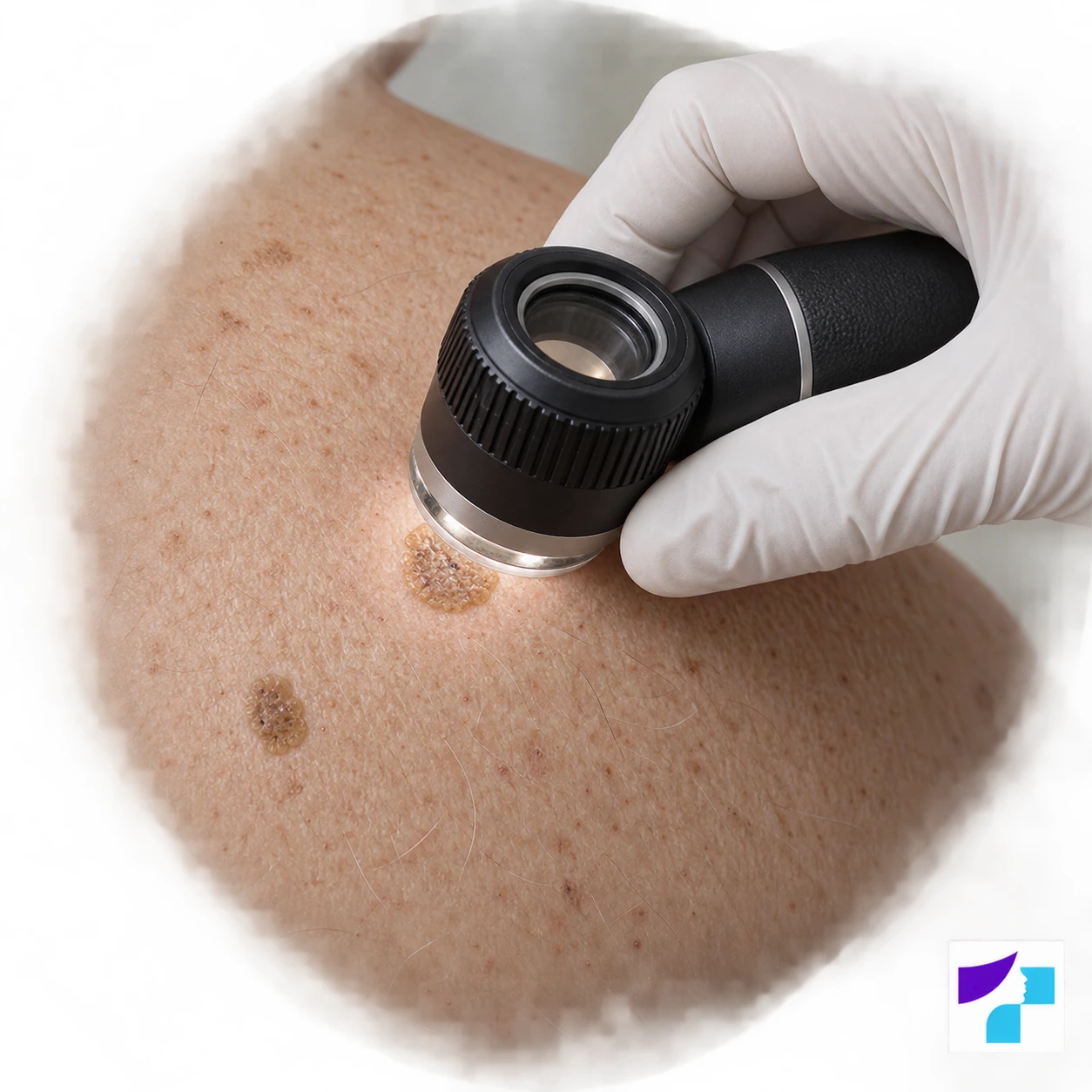 Ādas veidojuma pārbaude ar dermatoskopu AI veidota ilustrācija: ādas veidojuma pārbaude ar kontaktdermatoskopu