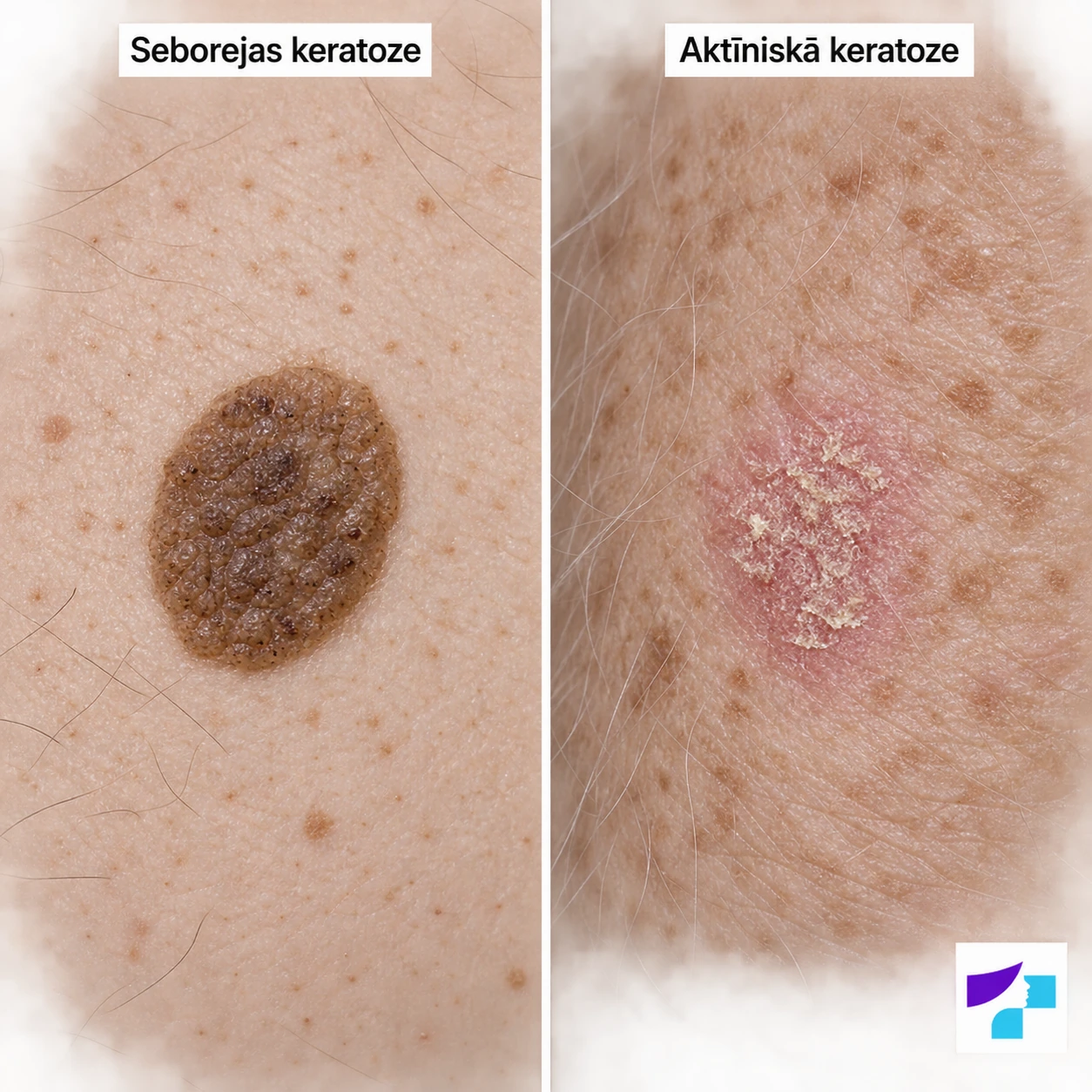 Seborejas keratozes un aktīniskās keratozes salīdzinājums AI veidots salīdzinājums: kreisajā pusē seborejas keratozei raksturīgs brūns pacelts veidojums, labajā pusē aktīniskai keratozei raksturīgs sārts zvīņains plankums