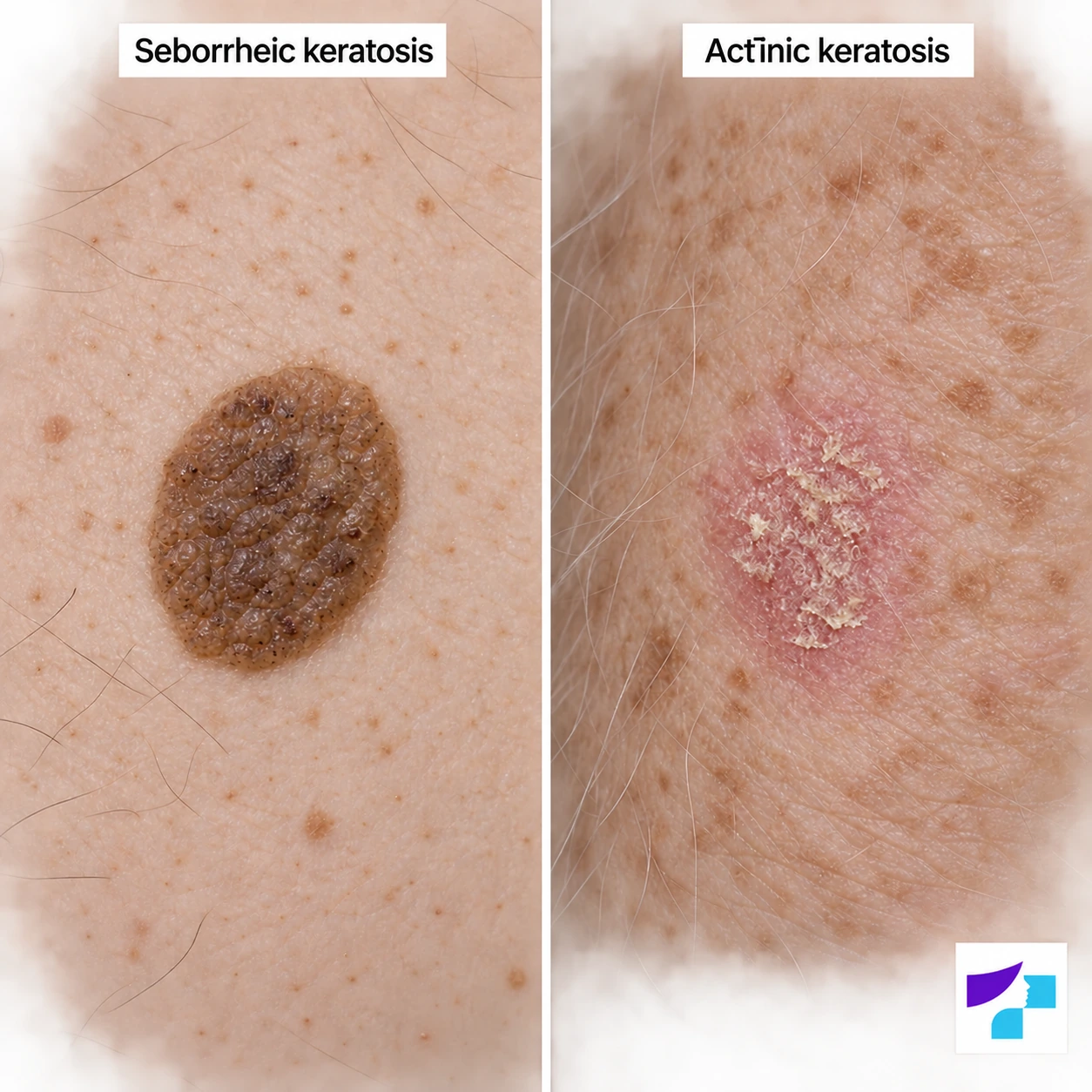 Seborrheic keratosis and actinic keratosis compared AI-generated comparison: a brown raised lesion resembling seborrheic keratosis on the left and a pink scaly patch resembling actinic keratosis on the right