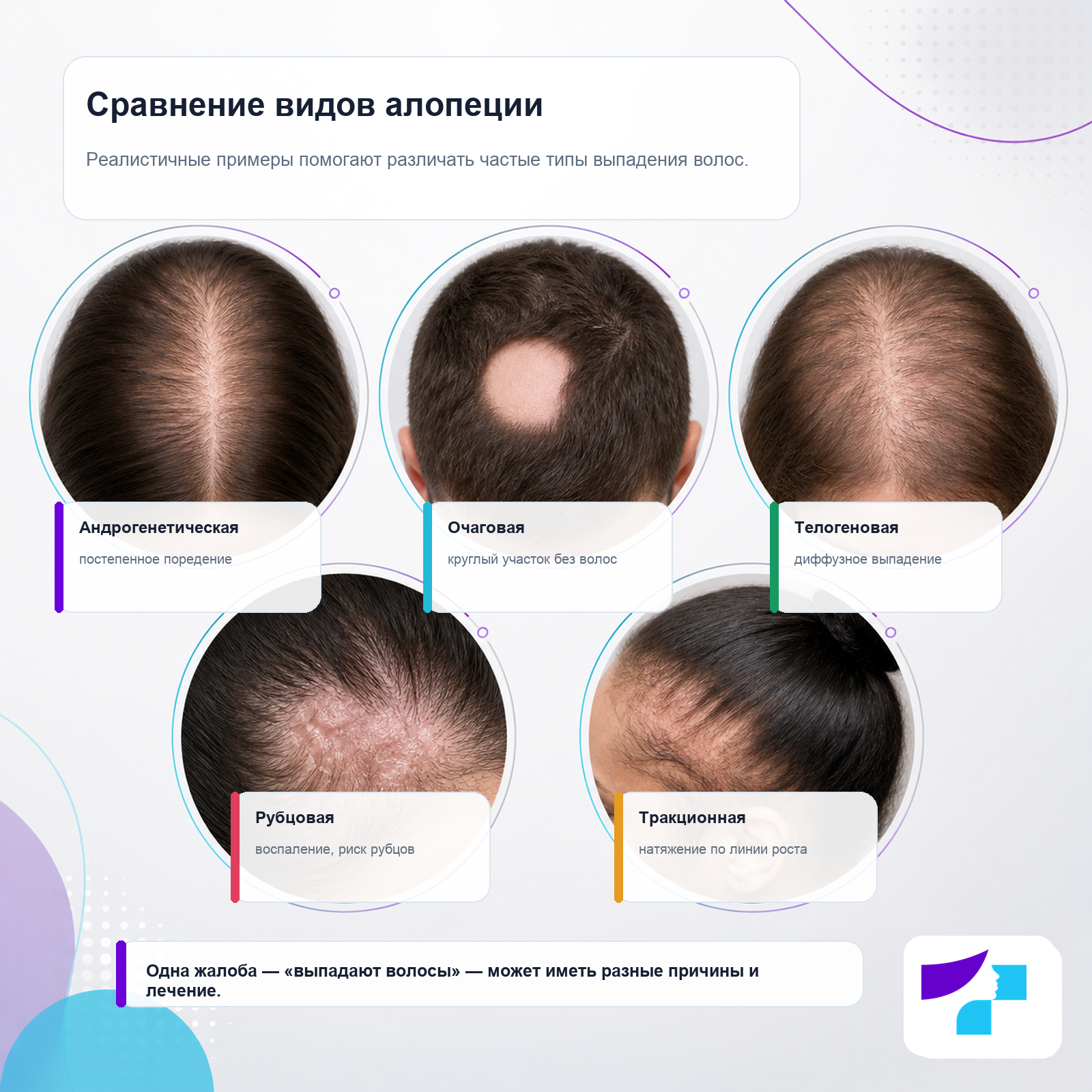 Сравнение видов алопеции Сравнение видов алопеции: андрогенетическая, очаговая, телогеновая, рубцовая и тракционная алопеция