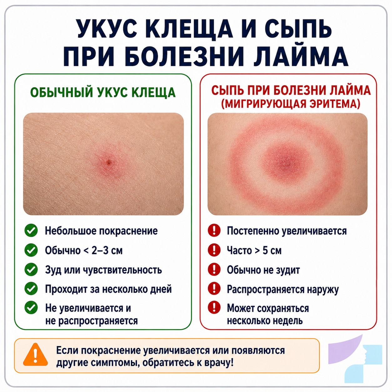 Сравнение покраснения от укуса клеща и сыпи при болезни Лайма