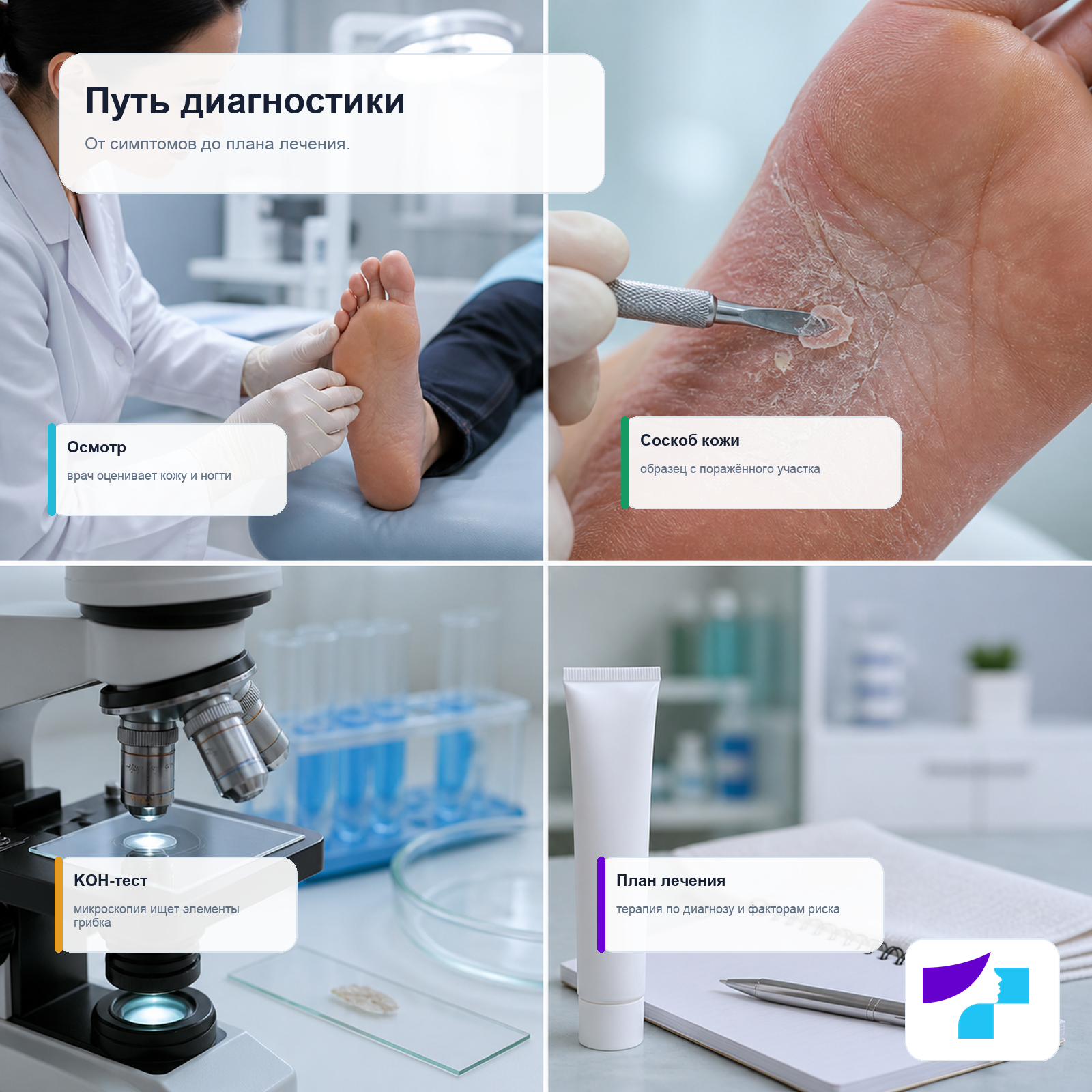 Диагностика стопы атлета: осмотр, соскоб кожи, KOH-тест и план лечения