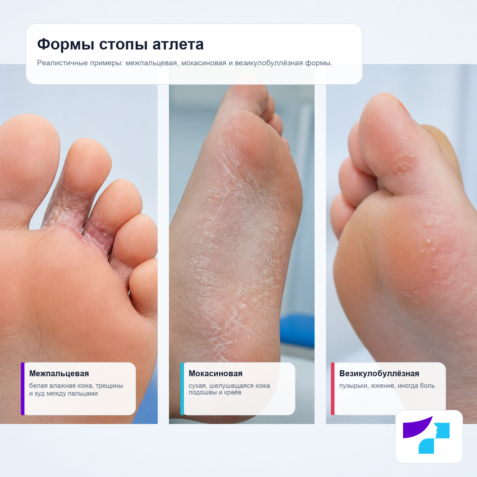 Формы стопы атлета: межпальцевая, мокасиновая и везикулобуллёзная формы