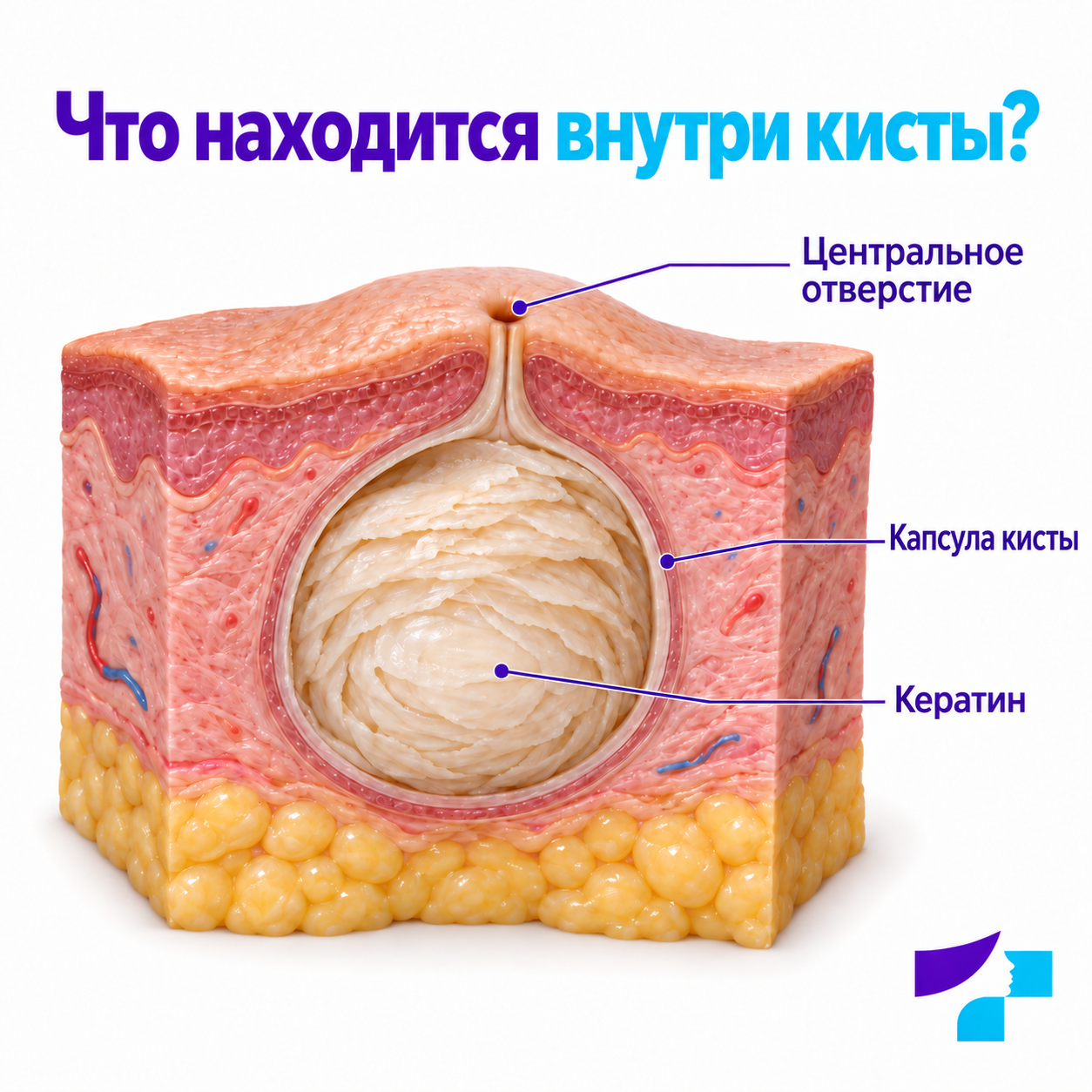 Эпидермоидная киста в разрезе: центральное отверстие, капсула кисты и кератин
