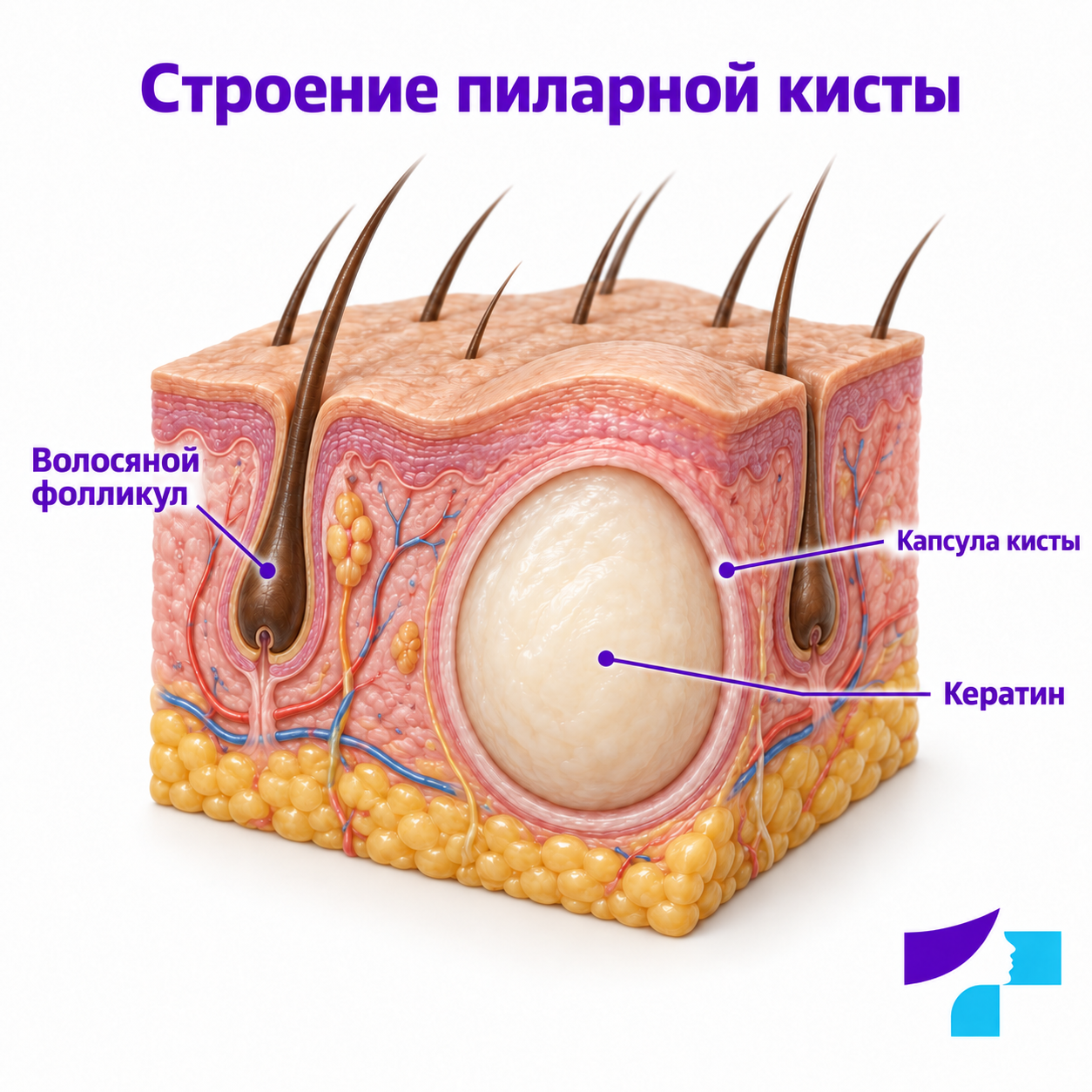 Пиларная киста в разрезе: волосяной фолликул, капсула кисты и кератин