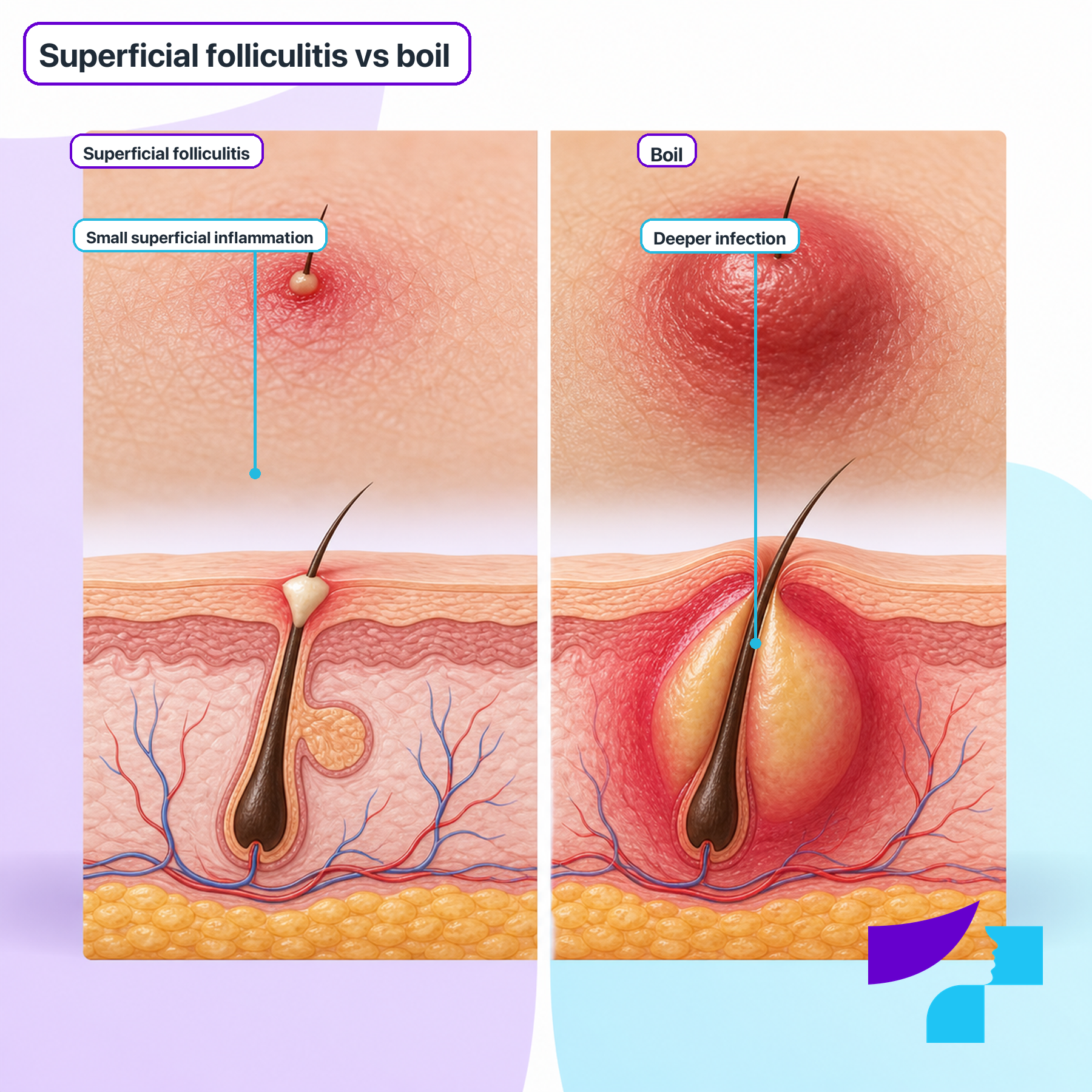 Superficial Folliculitis vs Boil Superficial folliculitis versus boil: small follicular pustule compared with a deeper painful skin infection
