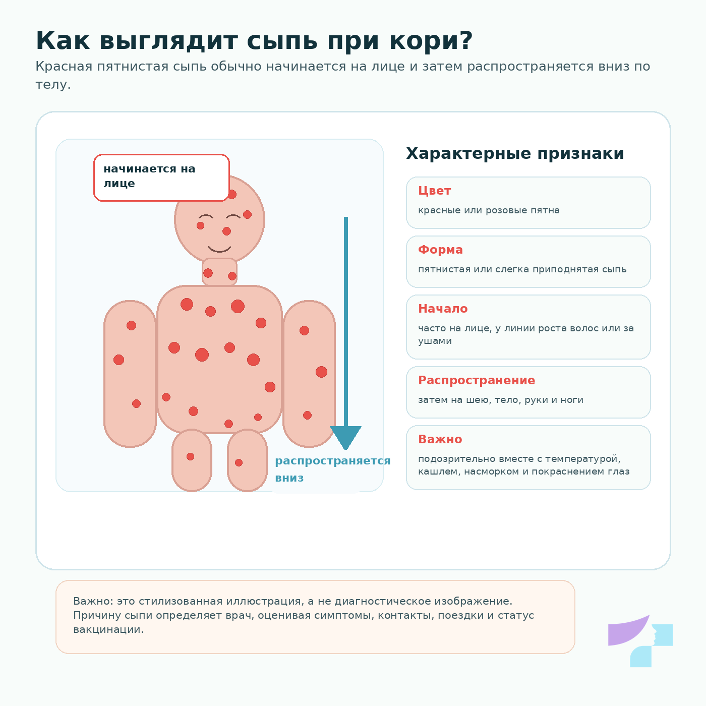 Сыпь при кори: красная пятнистая сыпь, которая начинается на лице и распространяется вниз по телу
