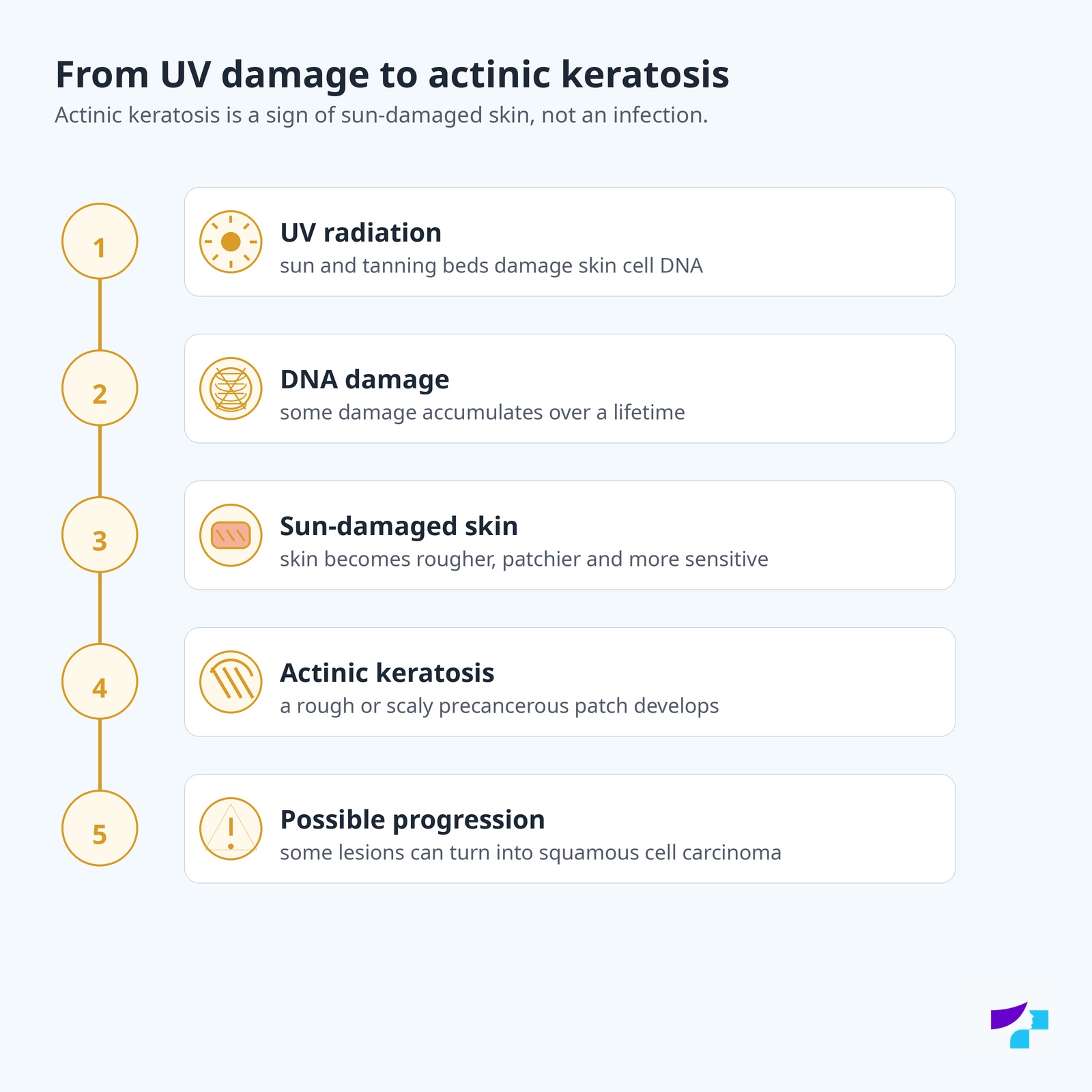 From UV damage to actinic keratosis From UV damage to actinic keratosis: UV radiation, DNA damage, sun-damaged skin, actinic keratosis and possible progression