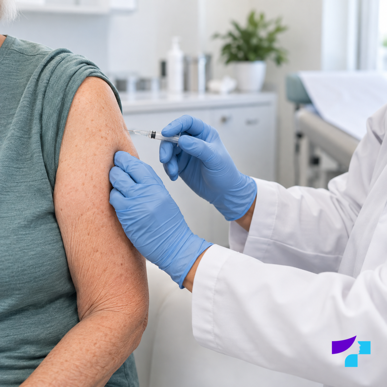 Illustrative visualisation: a healthcare professional gives an injection into an adult patient's upper arm