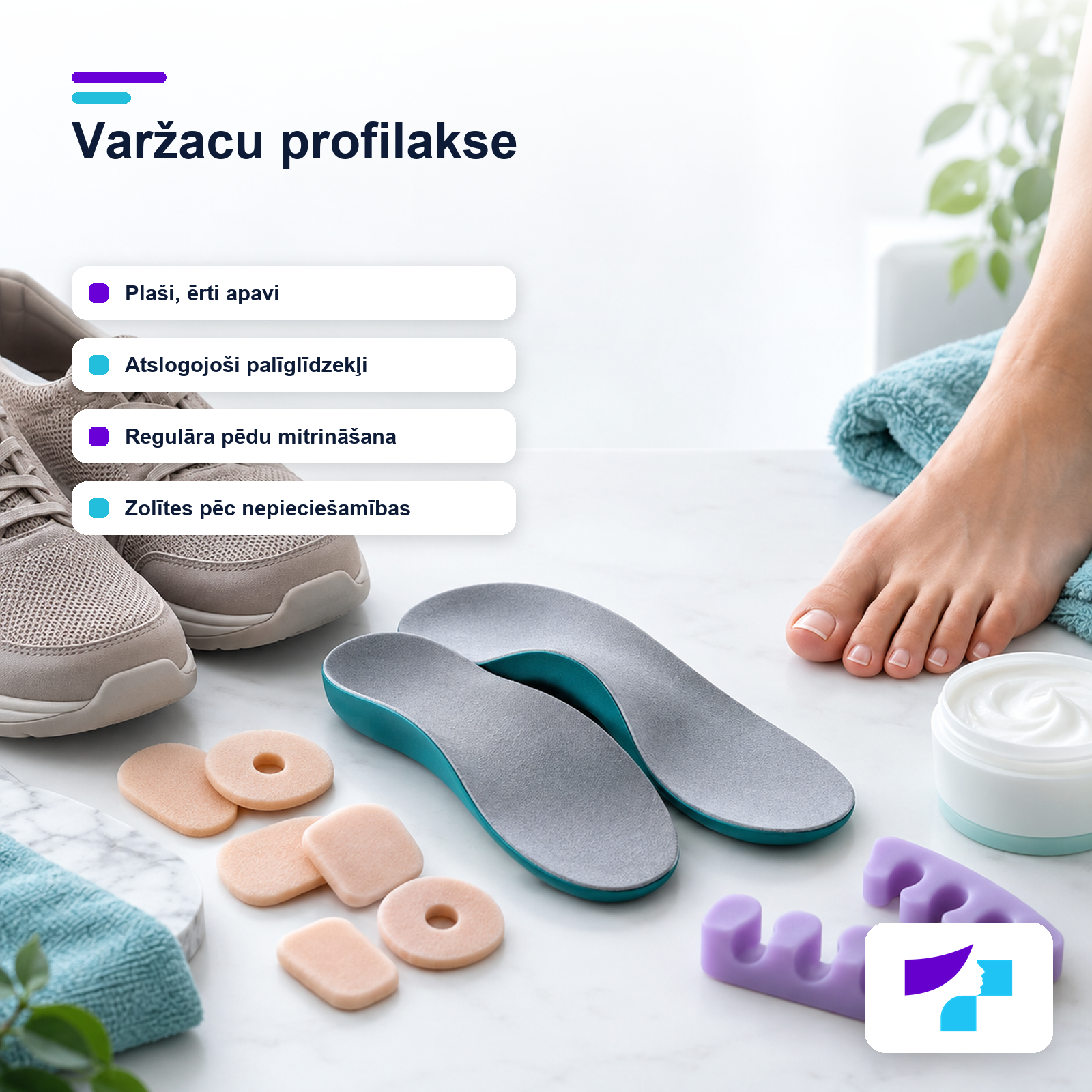 Pēdu kopšana, piemēroti apavi un atslogojoši palīglīdzekļi varžacu profilaksei