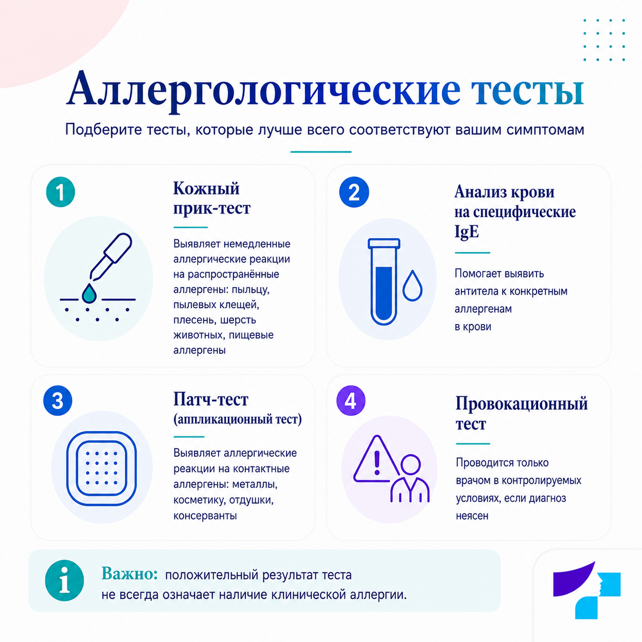 Виды аллергологических тестов Виды аллергологических тестов: кожный прик-тест, анализ крови на специфический IgE, патч-тест и провокационный тест под наблюдением врача