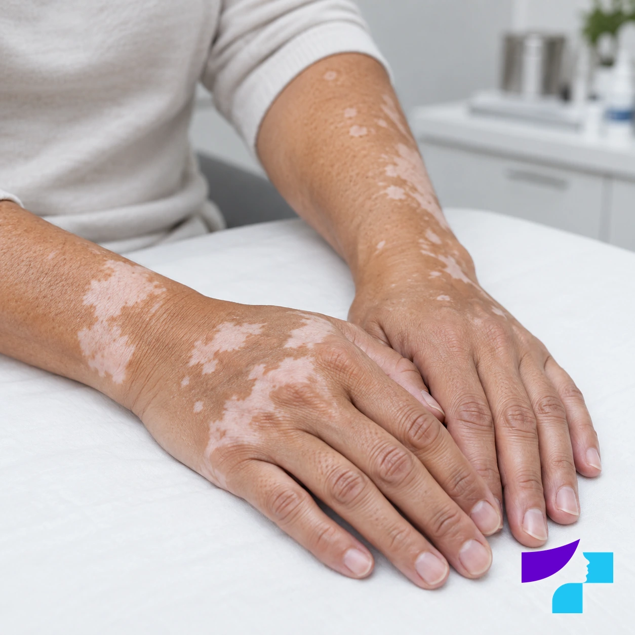 Vitiligo vizualizācija: gaiši un balti depigmentēti plankumi uz rokām un apakšdelmiem