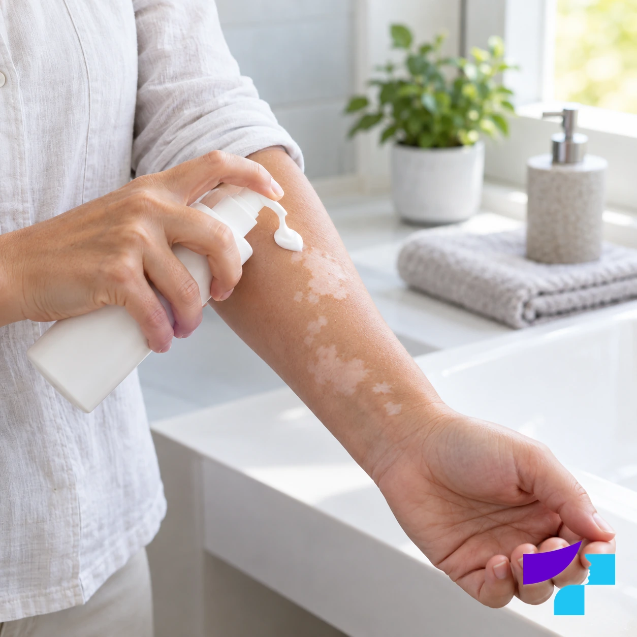 Saules aizsarglīdzekļa uzklāšanas vizualizācija uz apakšdelma ādas ar vitiligo plankumiem