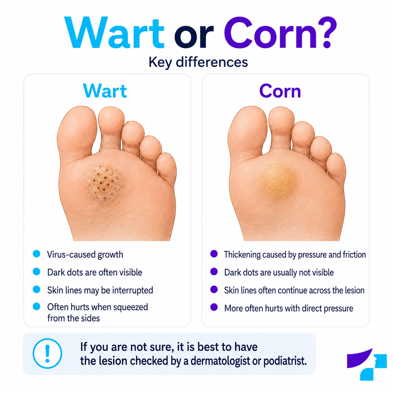 Wart or corn Wart or corn: key differences on the foot, dark dots, pain pattern and the need for specialist examination