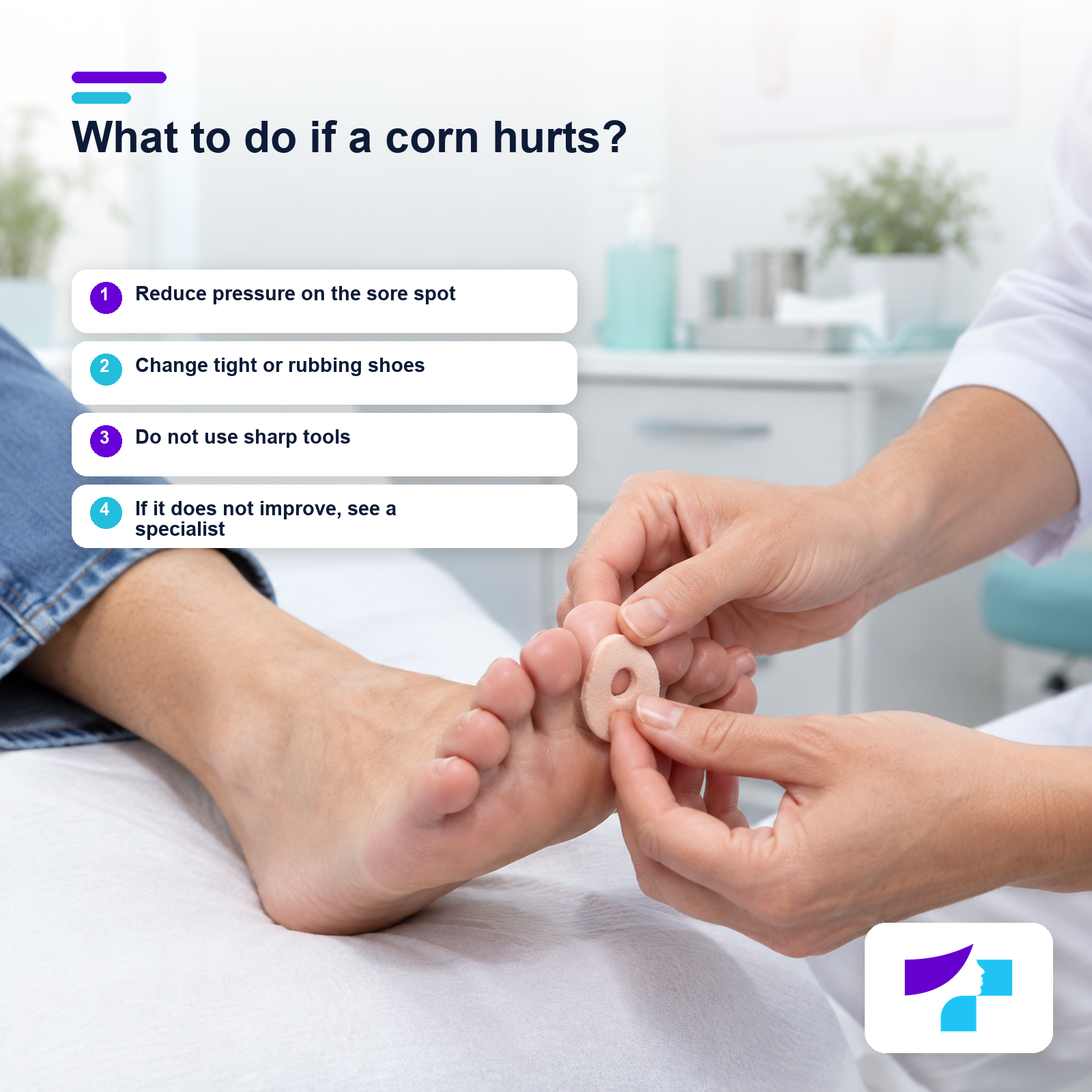 Simple action algorithm showing what to do if a corn on the foot hurts