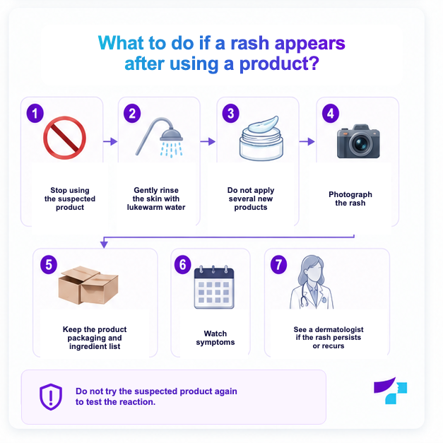 What to do for contact rash What to do for contact rash: stop using the product, rinse the skin, photograph the rash and keep the packaging