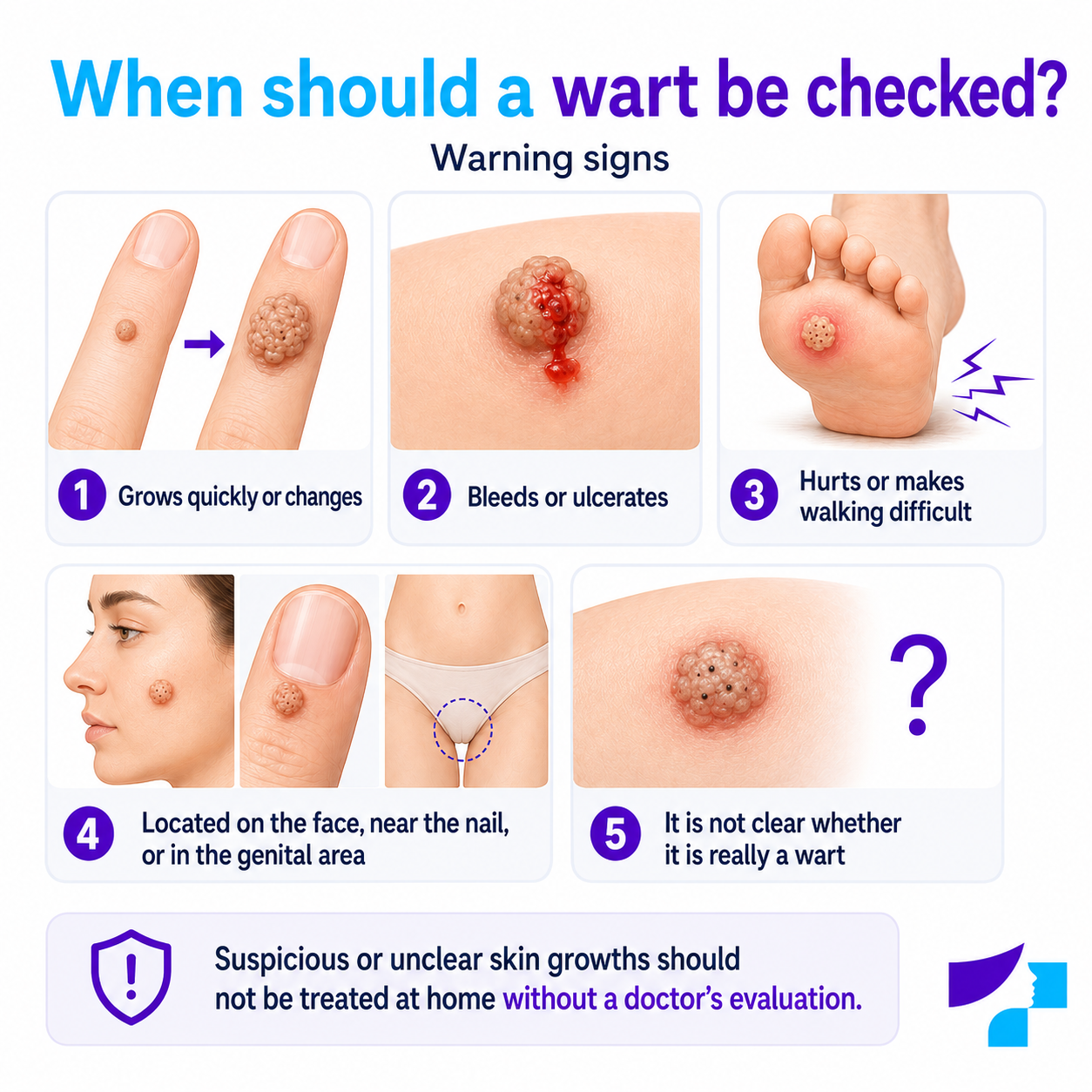 When should a wart be checked When a wart should be checked by a dermatologist: rapid growth, bleeding, pain, location on the face, near a nail or in the genital area, and an unclear lesion